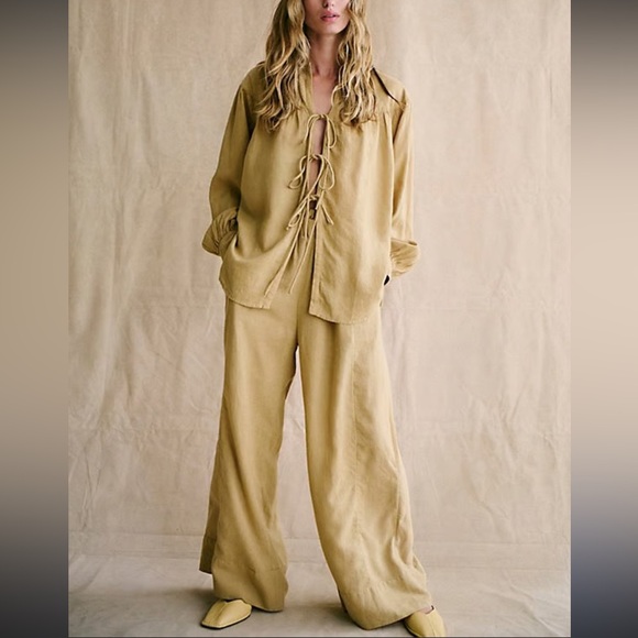 Free People Dreamy Daze Linen Set Chesapeake Shirt Pants Medium